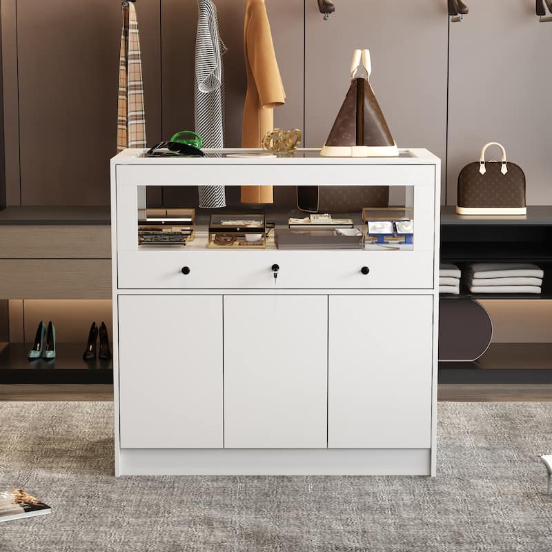 White Display and Storage Cabinet with Tempered Glass Home and Office - 39.4"