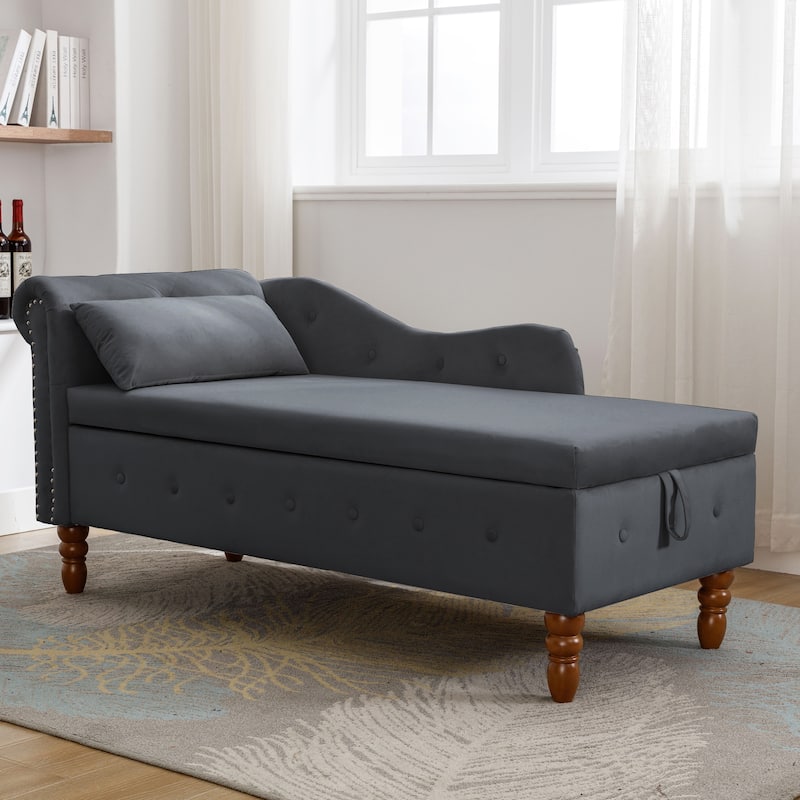 Kimberly Velvet Chaise Lounge with Storage and Pillow by GDFStudio - 58.26"L x27.9"W x 28.3"H - Black