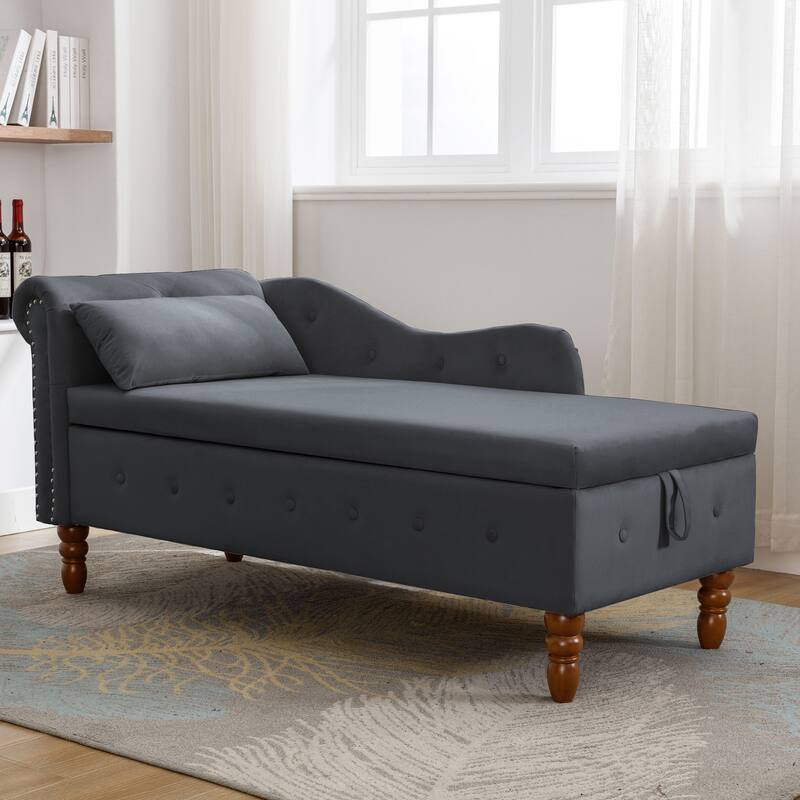 Velvet Lounge Chair for Bedroom with Storage & Pillow,Modern Upholstered Rolled Arm Chase Lounge for Sleeping