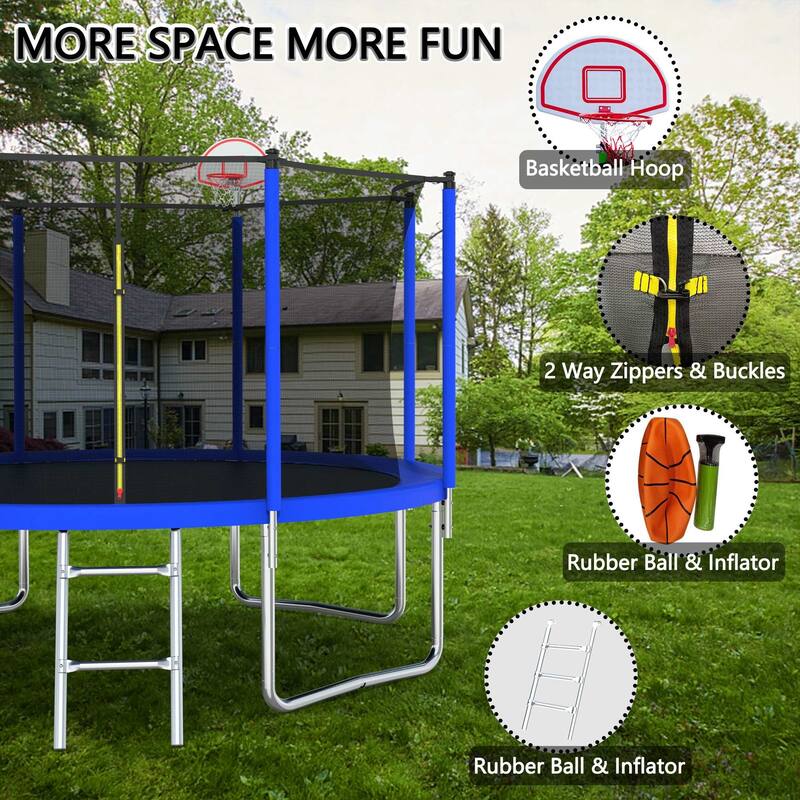 Outdoor Kids Trampoline with Basketball Hoop and Ladder, with Safety Enclosure for Backyard Fun