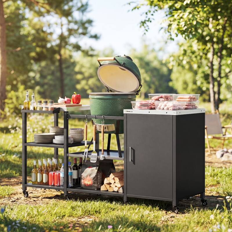 Outsunny Grill Table for Big Green Egg Grill, Heavy Duty Metal BBQ Prep Table with Stainless Steel Top, Storage Cabinet - Black