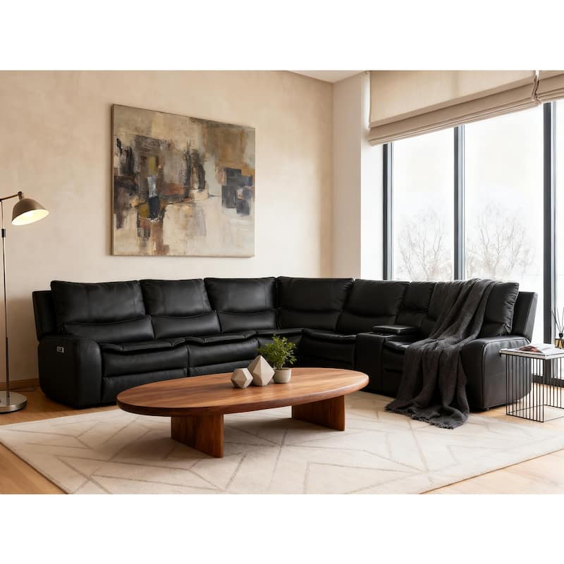 6PCS, 2 Power Recliners, Faux Leather Sectional with Adjustable Headrests, Dodble Width Seat, Wireless Charging and Reading Lamp - Black