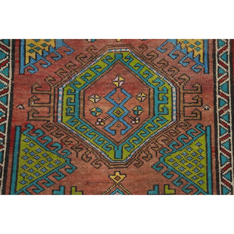 Hand Knotted Oriental 100% Wool Carpet Traditional Geometric Oranges & Rust Heriz Runner Rug - 9' 11'' X 3' 1''