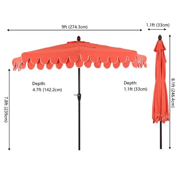 half round patio umbrella with tilt-and-crank Easton 9 ft. Aluminum Market Crank Lift Base Umbrella base not included JONATHAN Y 9-ft Aluminum Green