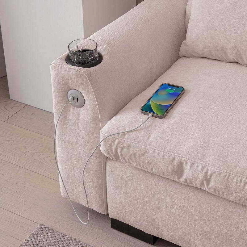 114.5"Modern L Shaped Chenille Sofa with Ottoman and USB Ports