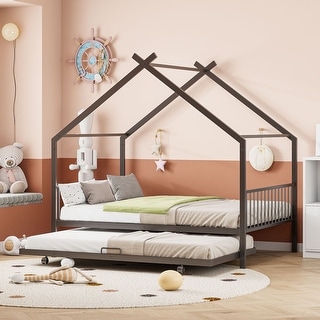 Black Full Size Metal House Bed with Trundle and Roof for Kids, Boys and Girls, Bedroom
