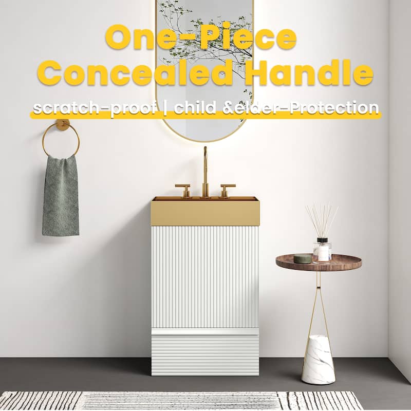 20" Striped Bathroom Vanity with Integrated Brushed Gold Stainless Steel Bathroom Sink, One-Piece Metal Basin without Faucet - Matte White - 20 Inch