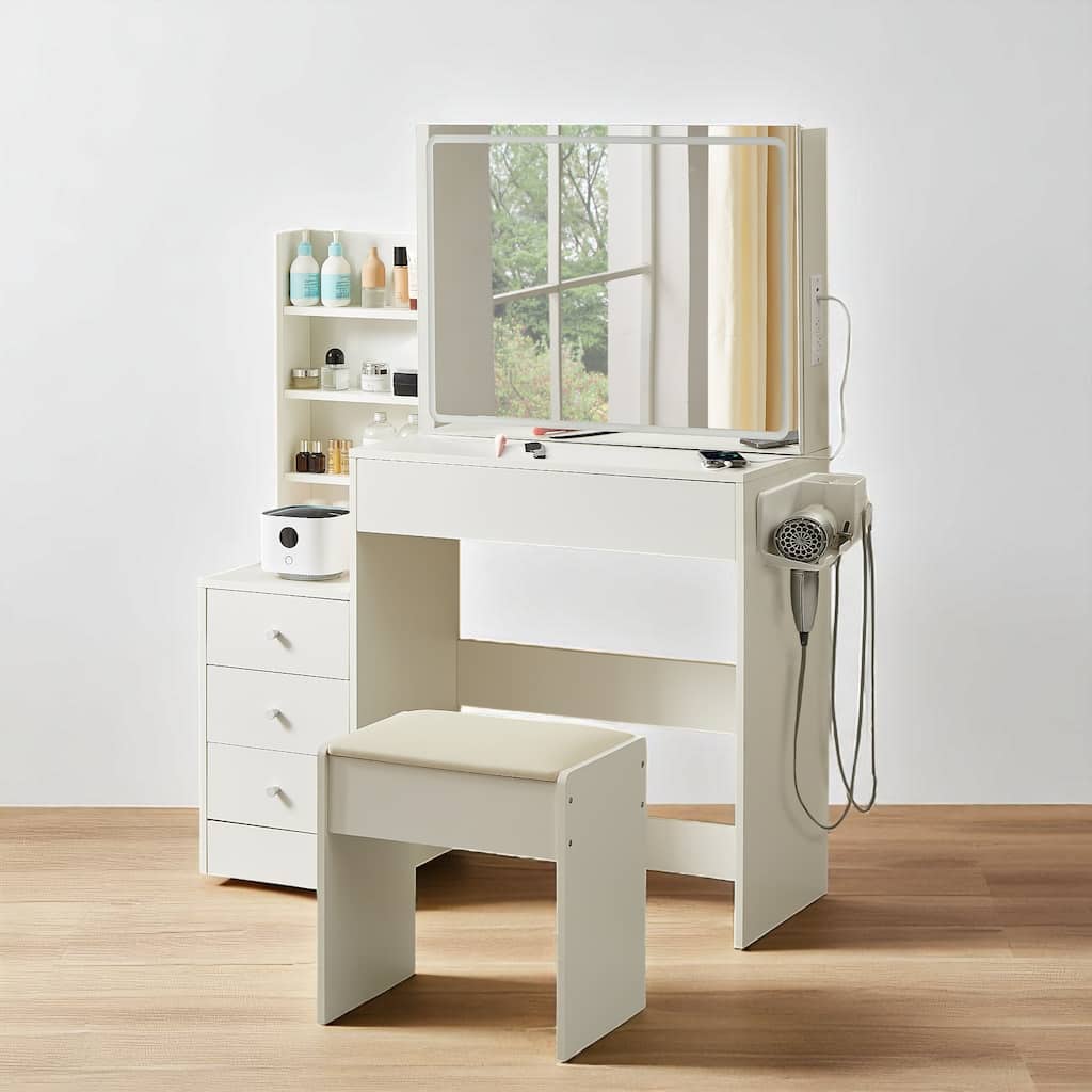 White Makeup Vanity with Lighted Mirror, USB Charging Ports, Storage Drawers, Shelves & PU Stool Set