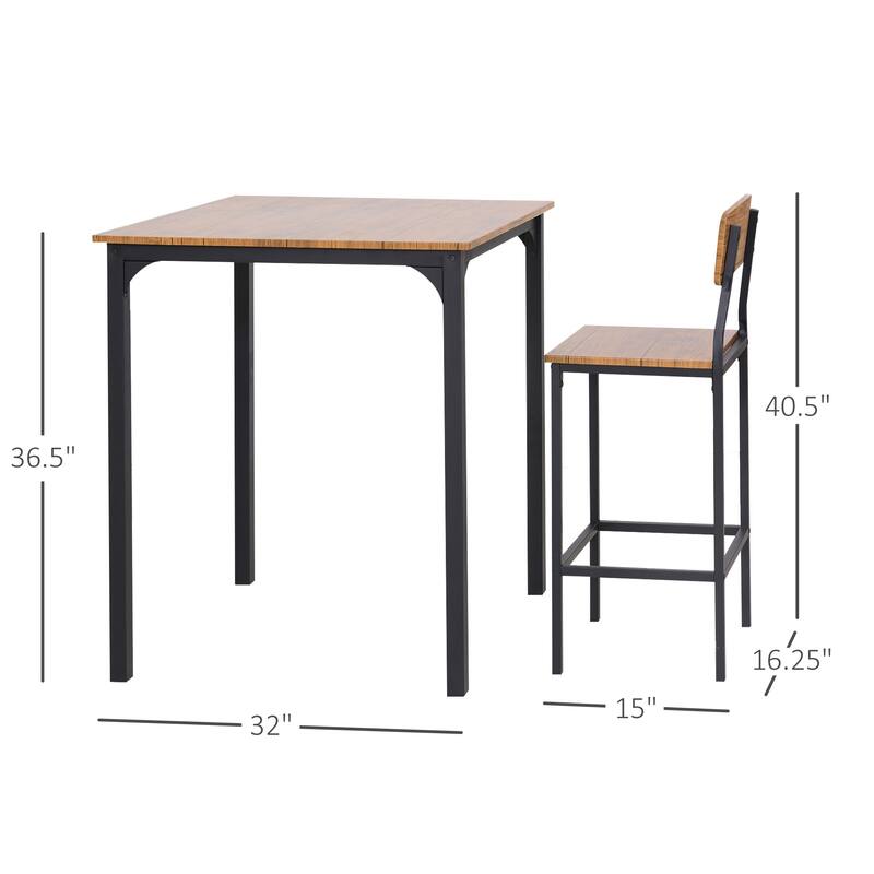 HOMCOM 3 PCs Modern Counter Height Dining Table Set with 2 Matching Stools Foorest Steel Legs