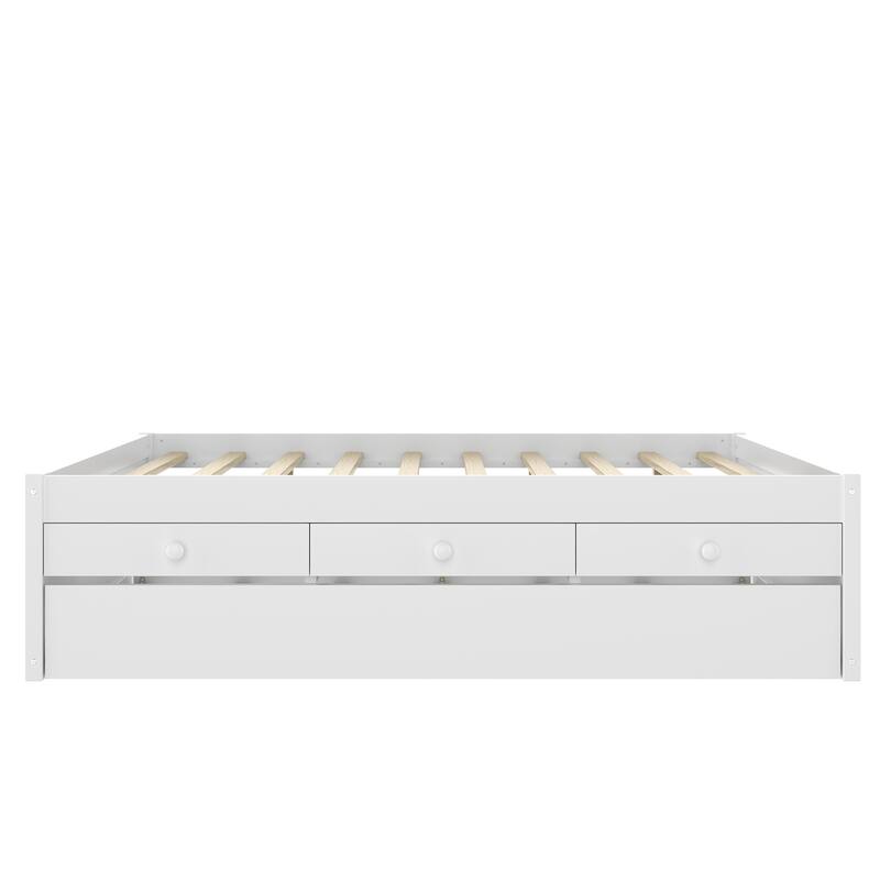 Platform Bed with Pull-out Trundle and Dual Storage Drawers, Built-in Power Strip, Wooden Bed Frame, No Box Spring Needed