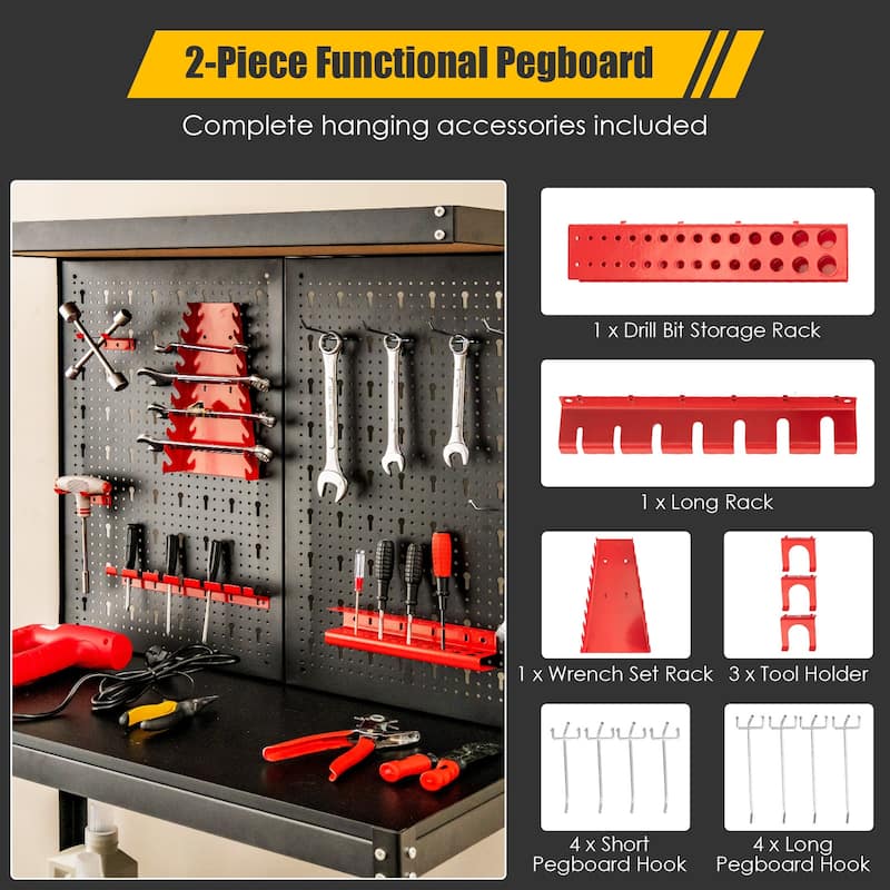 Black Steel MDF Workbench with Pegboard, Shelves and Hanging Accessories - 31.5" L x 16" W x 61" H