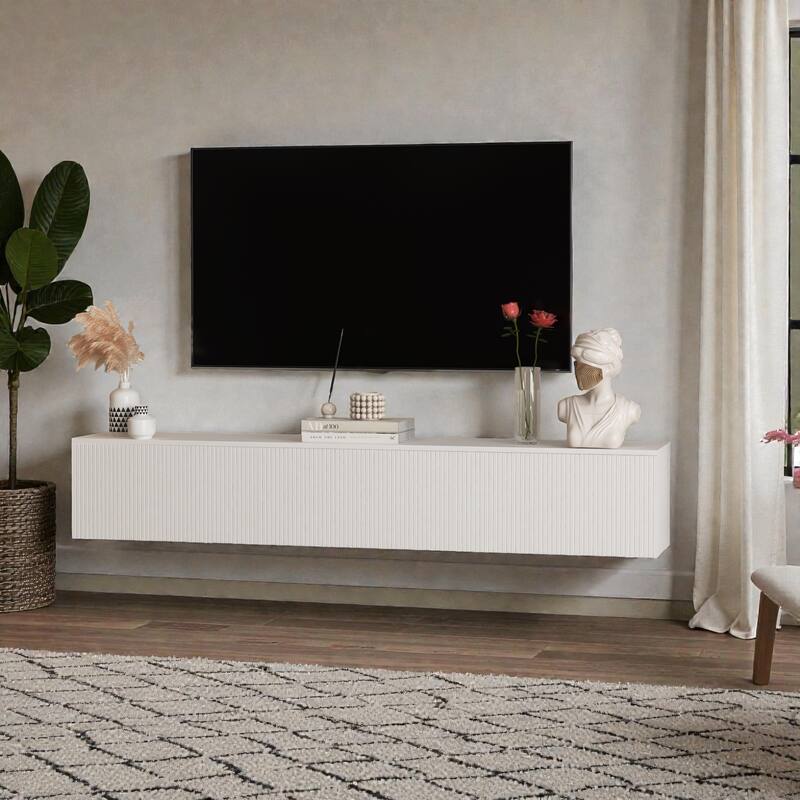 69" Wall Mounted Floating TV Console with LED Lighting, Modern Media Cabinet for 55 60 65 Inch TVs, Large Storage Shelf - White