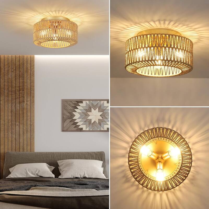 Light Fixtures Ceiling Mount, 3-Light Farmhouse Rattan Ceiling Light Fixture, Flush Mount Ceiling Light with Hand-Woven Shade