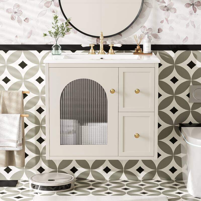 24-Inch Wall-Mounted Bathroom Vanity Set‌ – Space-Saving Cabinet with Ceramic Sink, 2 Drawers & 1 Soft-Close Door.