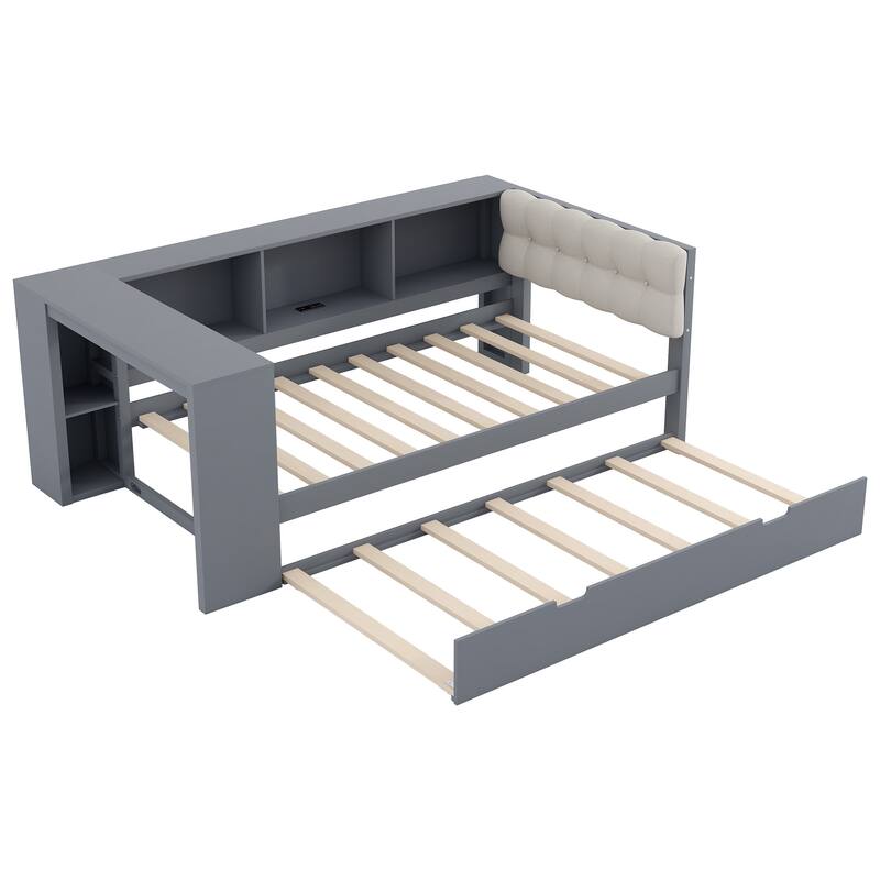 Upholstered Sofa Bed, Wood Daybed, L-shaped Bed Frame with Desk, Shelves, Charging Station, and Optional with Trundle or Drawers