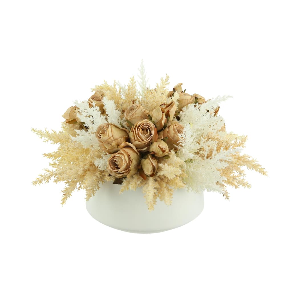 Dried Rose and Pampas Floral Arrangement in a Round Ceramic Vase - White, Beige
