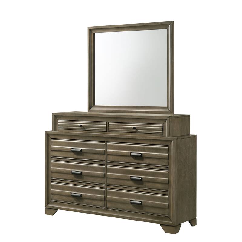 Roundhill Furniture Loiret Rubbed Gray Oak Finish Wood Storage Platform Bedroom Set with Dresser, Mirror, Two Nightstands