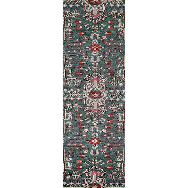 All-Over Green Kazak Oriental Runner Rug Handmade Wool Carpet - 2'6"x 9'11"
