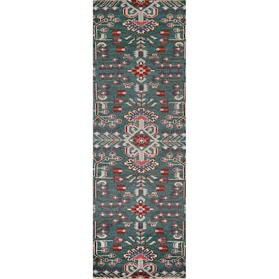 All-Over Green Kazak Oriental Runner Rug Handmade Wool Carpet - 2'6"x 9'11"
