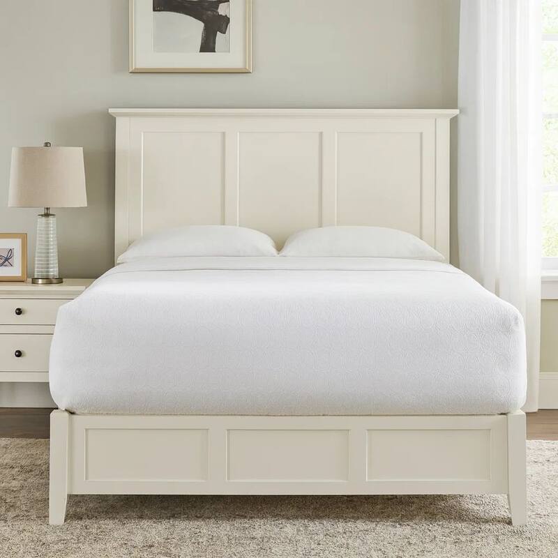 Neo Solid Mahogany Wood Low Profile Queen Bed, Beveled Trim Top, White