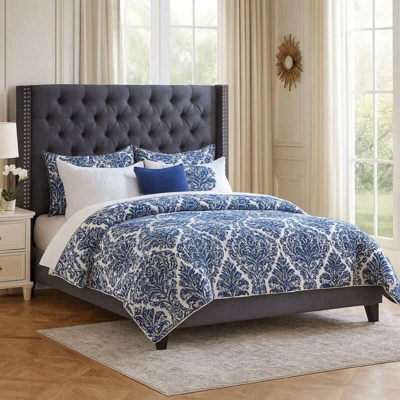 Polyfiber Upholstered Full Size Bed Featuring Nail head Trim Blue Gray