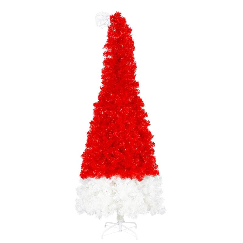 Pre-Lit Santa's Hat Artificial Tree - Curved Whimsical Design, LED Lights - Red,White