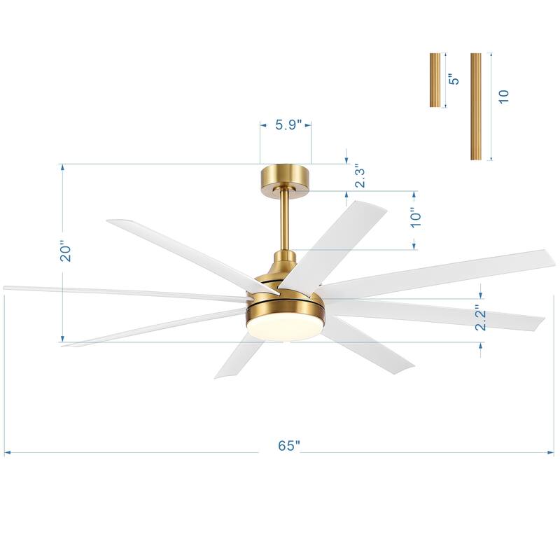 65" Gold LED Ceiling Fan with Light Remote-8 Blade - 65 Inch