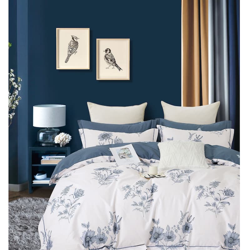 Trinity Blue White 100% Cotton Floral Reversible Comforter Set