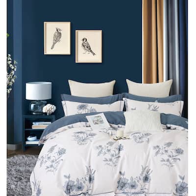 Trinity Blue White 100% Cotton Floral Reversible Comforter Set