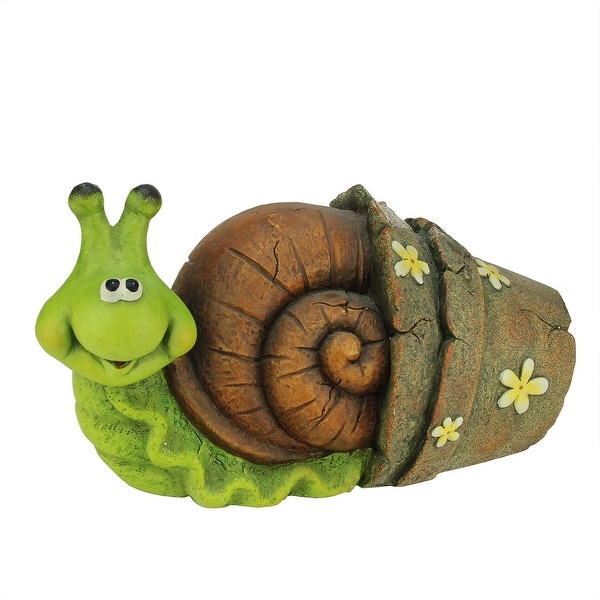 15.25" Bright Green and Brown Snail in Flower Pot Outdoor Garden Statue - N/A