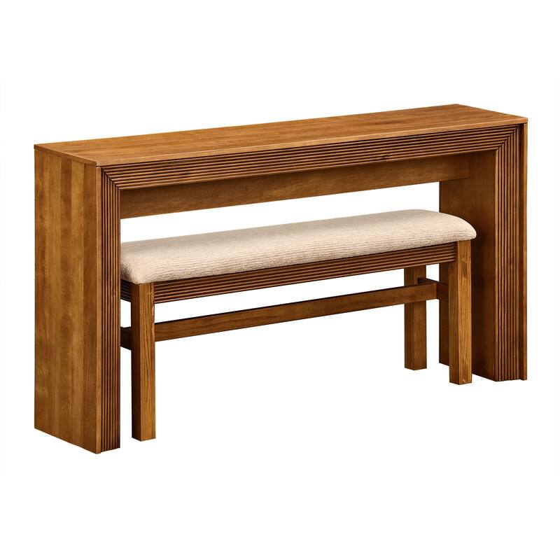 Fluted Counter Height Bar Table Set for 2, Dining Table with Fabric Upholstered Bar Stool with Solid Wood Legs