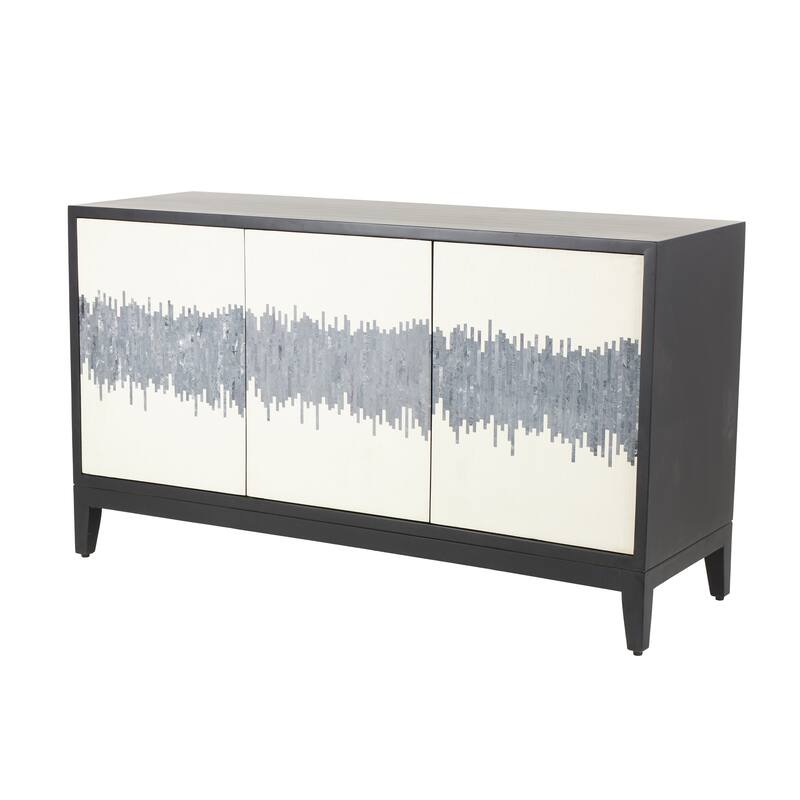Brown or Black Mango Wood 3 Door and 3 Shelf Abstract Media Credenza Sideboard with White Front and Striped Pattern