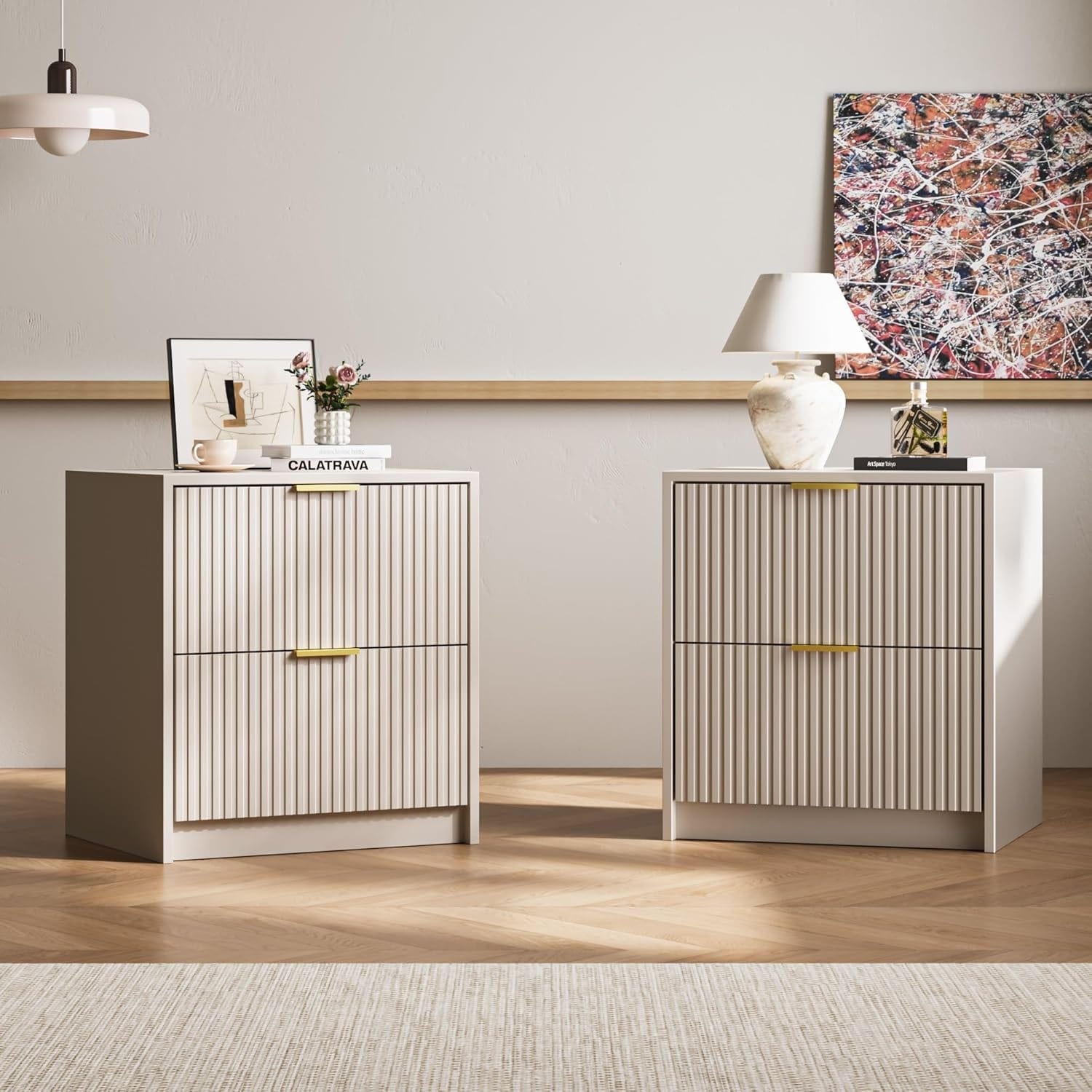 Set of 2 Fluted Nightstand with 2 Drawers, Modern Storage Bedside Table Wooden End Table for Bedroom