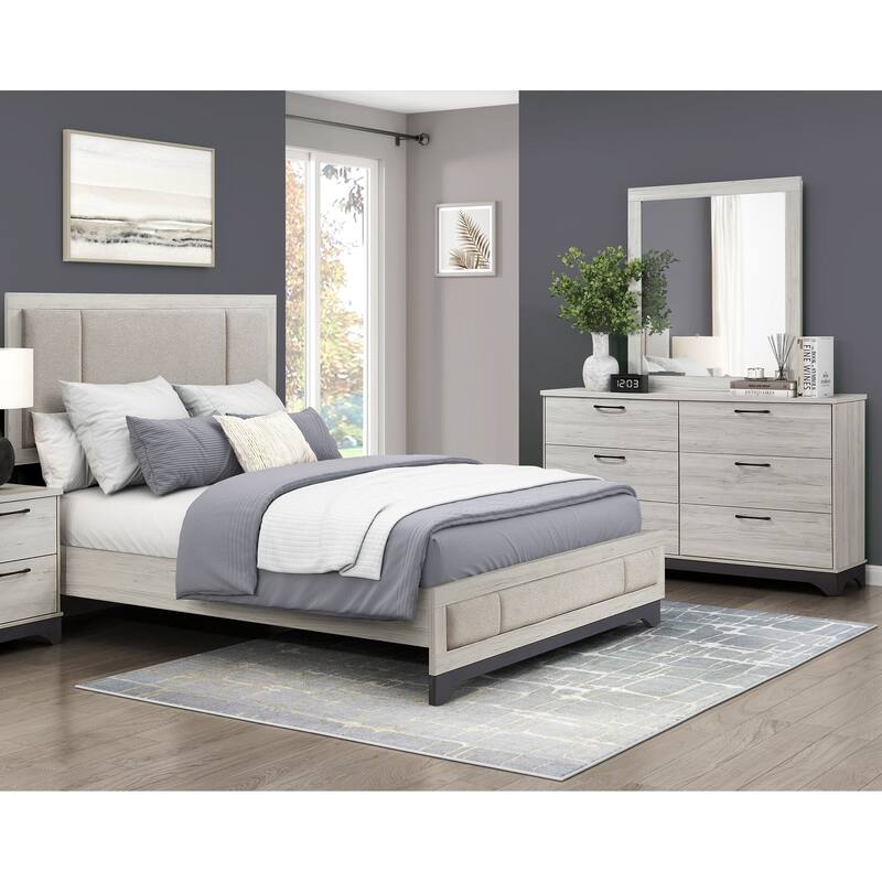 Two-Tone Finish Bedroom Set 3pc Platform Upholstered Bed Dresser Mirror