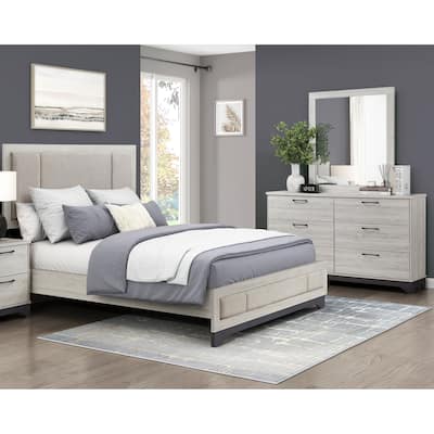Two-Tone Finish Bedroom Set 3pc Platform Upholstered Bed Dresser Mirror