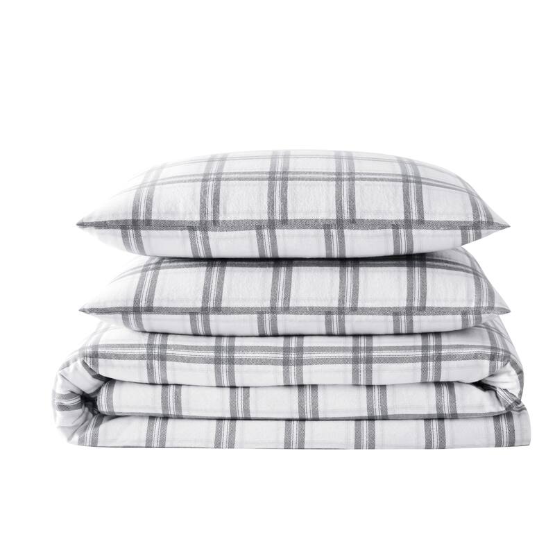 London Fog Printed Cotton Flannel 3 Piece Comforter Set - Grey Plaid - Twin - Twin XL