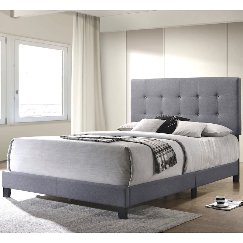Button Tufted Design Grey Fabric Upholstered Bed