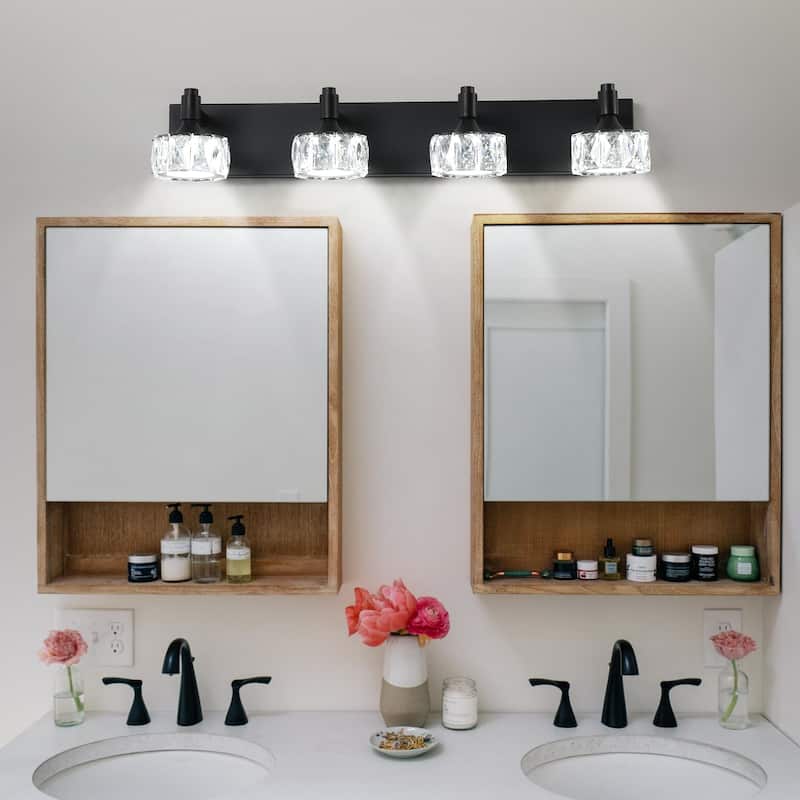 Modern 4-Light Matte Black LED Vanity Light Fixture with Crystal Glass Shades, Bathroom Wall Sconce - Black