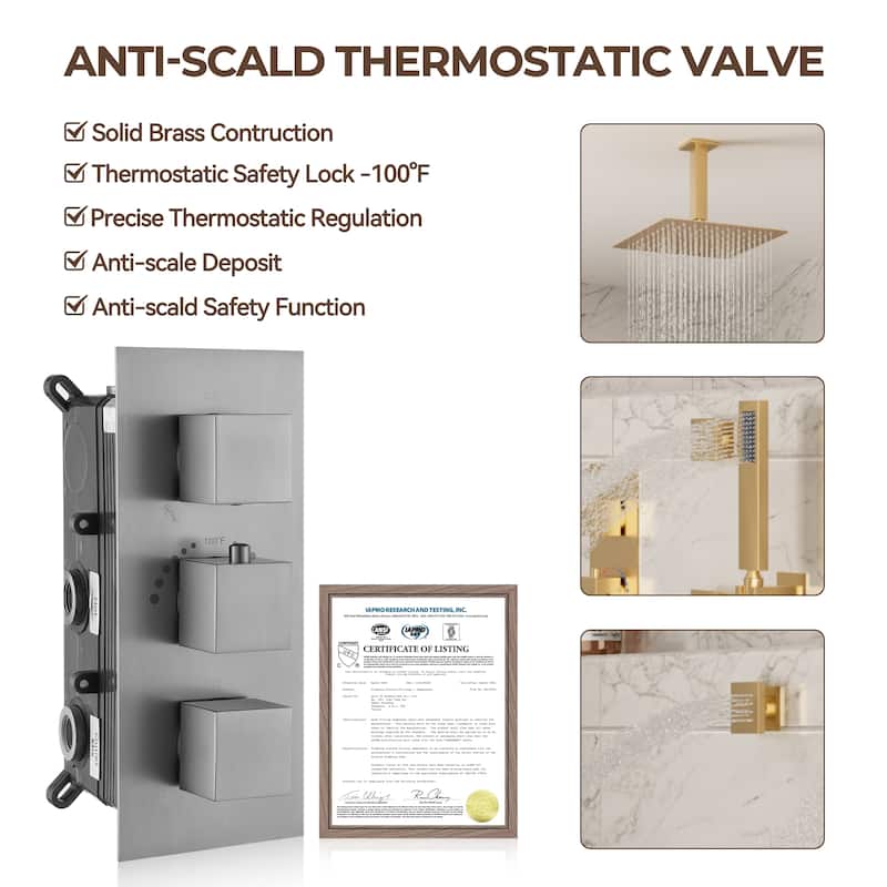 Thermostatic 3-Spray 12 in. Ceiling Mount Shower System with Handheld Shower Head and 6 Body Jets - 12" x 12"