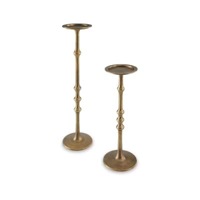 Lara Candle Holder Set of 2, Cast Aluminium, Antiqued Brass Toned Finish