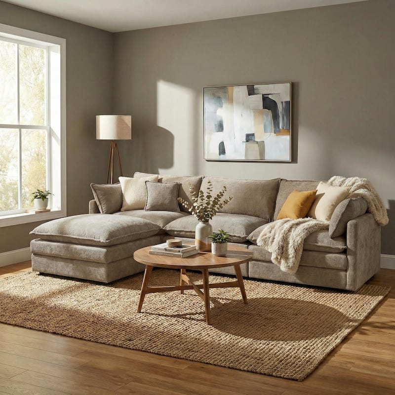 Homy Casa 102" L-Shaped Modular Sectional Sofa Movable Ottoman, Cloud-Style Chenille Couch, DIY Combination for Living Room Tray