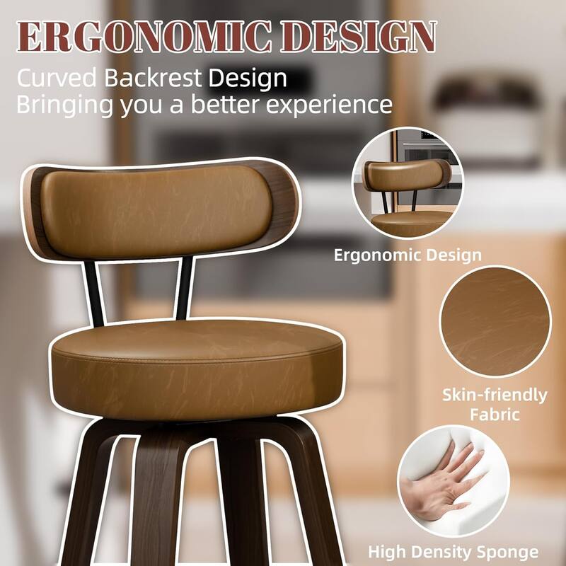 XINMICS 26 Inches Swivel Counter Height Bar Stools with Faux Leather Upholstered Pad Wood Back, Set of 2/3/4