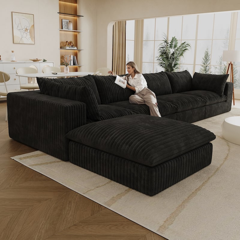 Corduroy L-shaped Sectional Sofa with Chaise Lounge, Deep Seat Modular Couch with Ottoman and Double-layer Seat Cushions