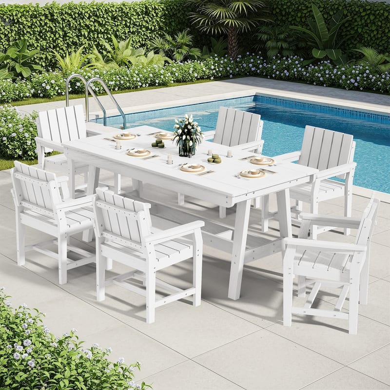 7-Piece HDPE Outdoor & Indoor Dining Set, Rectangular 67.91in L Table with Umbrella Hole and 6 Chairs Set of 7, Wood-Look Finish - White