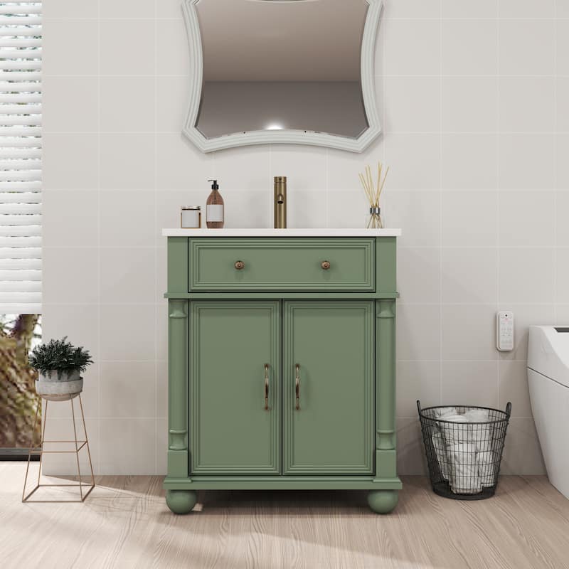 28"/36" Bathroom Vanity with Sink, Integrated Ceramic Basin Vanity Cabinet with Roman Column Base, Solid Wood Frame - Green - 28 Inch