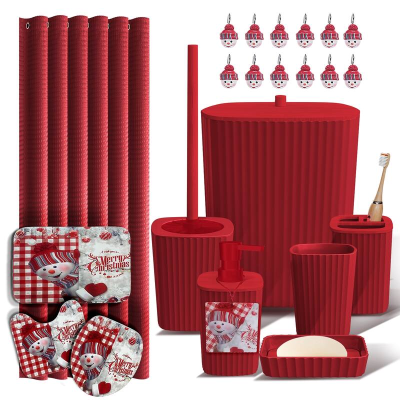 Empyrean Christmas Bathroom Set - Festive Shower Curtain, Holiday Accessories, Soap Dispenser, Trash Can & Toilet Brush - Christmas - Complete Set + Bath Rugs