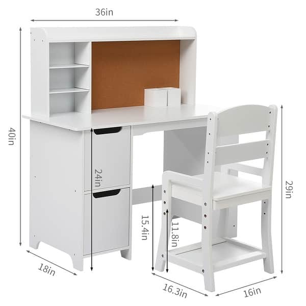Wooden Study Desk and Chair Set for Kids,White Learning Table , Bulletin Board, and Cabinets , for Boys and Girls Ages 3-8