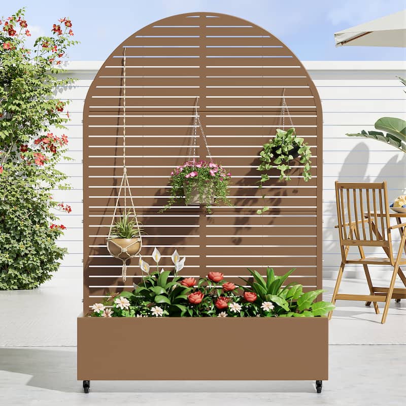 Metal Movable Planter Box with Trellis Privacy Screen Planter Box with Lockable Wheels - 72"x47" - Brown