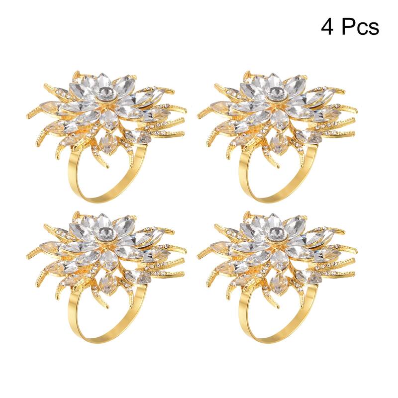 Metal Napkin Rings, 4pcs Crystal Flower Napkin Ring Holder Set, Gold Tone - Gold Tone - 38mm