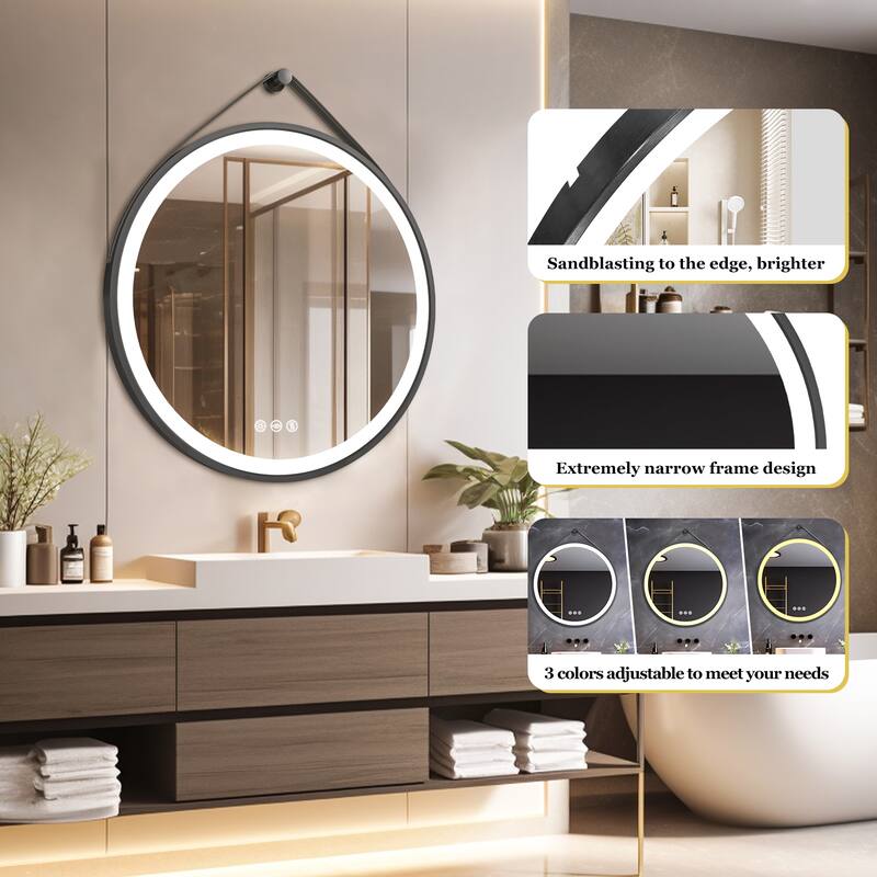 Round Black Framed Bathroom Mirrors Vanity Lighting with Microfiber Leather Hanging Strap